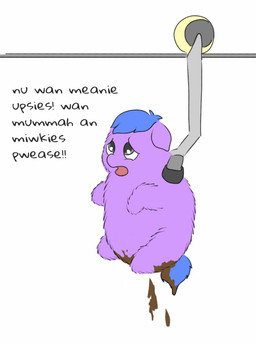 ambiguous_feral ambiguous_gender baby_talk blue_hair blue_tail dialogue feces feces_on_body feces_on_butt feces_on_tail feral fur grey_eyes hair looking_up_at_another machine offscreen_character open_mouth overweight pooping purple_body purple_fur simple_background solo suspension tail text young young_ambiguous young_feral carpdime fluffy_pony fluffy_pony_(species) mammal digital_media_(artwork) english_text