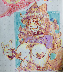 anthro bedroom_eyes blush blush_lines bodily_fluids bracelet breasts chest_tuft clothing collar crop_top devil_horns_(gesture) dripping drooling fangs female gesture hair half-closed_eyes hand_gesture jewelry long_hair love_handles narrowed_eyes nipple_tape open_mouth open_smile pasties pubes saliva saliva_drip saliva_string seductive shirt slightly_chubby slightly_chubby_anthro slightly_chubby_female smile solo studded_bracelet studded_collar studded_jewelry studs tape teeth text topwear tuft miistniight mythology pepper_(wonderslug) canid canine mammal mythological_canine mythological_creature werecanid werecanine werecreature werewolf english_text hi_res traditional_media_(artwork)