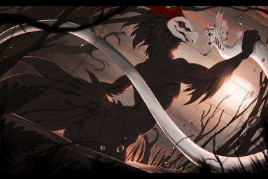 anthro arm_tuft bone cloud cloudy_sky dead_tree elbow_tuft feathers female low-angle_view nude plant rear_view red_eyes reeds skull skull_head sky smile solo sun swamp tail tail_feathers tree tuft water kredri annelid aquatic avian eel fish leech monster worm absurd_res hi_res