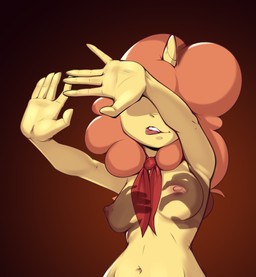 1_horn 5_fingers anthro areola biped black_background breasts eyeless female female_anthro fingers front_view gradient_background hair horn humanoid_hands kerchief kerchief_only long_hair medium_breasts monotone_body monotone_hair monotone_kerchief monotone_neckerchief monotone_neckwear mostly_nude mostly_nude_anthro mostly_nude_female navel neckerchief neckerchief_only neckwear nipples orange_background orange_hair pink_areola pink_nipples pink_tongue pose red_kerchief red_neckerchief red_neckwear shadow simple_background solo straight_arms straight_horn teeth tongue tongue_out unicorn_horn yellow_body yellow_horn felixf hasbro my_little_pony mythology shadow_hands_challenge equid equine mammal mythological_creature mythological_equine unicorn 2026 absurd_res half-length_portrait hi_res pinup portrait shaded