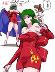 anthro clothing dialogue dress duo female female/female green_hair hair long_ears mask monster_girl_(genre) pink_body red_clothing red_dress smug smug_face text mamesi-ii sailor_moon_(series) makoto_kino scar_(sailor_moon) daimon human humanoid mammal monster hi_res translated