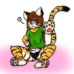 :3 anthro black_clothing black_ears black_panties black_underwear brown_hair clothed clothing female fur gradient_background green_clothing green_shirt green_topwear hair heart_symbol orange_body orange_fur panties partially_clothed pawpads paws purple_eyes scarf shirt simple_background sketchy solo striped_body striped_fur stripes tail topwear underwear whiskers white_body white_ears white_fur yellow_ears yellow_scarf megaglitch(gw) felid mammal pantherine tiger 1:1