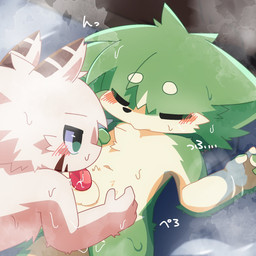 4_fingers anthro balls blush blush_lines bodily_fluids duo ear_markings ears_aside erection eyes_closed fellatio fingers fur genitals green_body green_fur high-angle_view hot_spring inside looking_at_another lying male male/male markings multicolored_body multicolored_fur navel onsen oral penile penis sex sound_effects spread_legs spreading sweat sweatdrop three-quarter_view tongue tongue_out two_tone_body two_tone_fur water white_body white_fur young young_male ranshinumeda334 shigino_azuma yanaeda_anzu canid canine canis mammal wolf 1:1 2026 hi_res