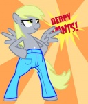 big_eyes bottomwear clothed clothing denim denim_bottomwear denim_clothing doing_it_wrong feathered_wings feathers female grey_body grey_feathers hands_on_hips jeans pants smile solo standing tail text toony topless wings yellow_eyes edowaado friendship_is_magic hasbro my_little_pony mythology derpy_hooves_(mlp) equid equine mammal mythological_creature mythological_equine pegasus flat_colors