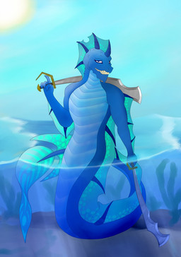 anthro apode legless melee_weapon outside sea serpentine solo sun sword underwater water waterline_view weapon pankallisti draconcopode naga reptile scalie snake 2015 hi_res