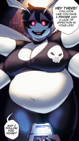 alternate_species anthro big_breasts black_clothing black_shirt black_topwear blue_bottomwear blue_clothing blue_jeans blue_pants blush blush_lines bodily_fluids bone bottomwear breasts cellphone cleavage clothed clothing denim denim_bottomwear denim_clothing dialogue drooling electronics female hair heart_eyes heart_symbol holding_cellphone holding_object holding_phone holding_smartphone jeans navel overweight overweight_female pants phone pink_eyes saliva shirt skull smartphone solo speech_bubble text topwear white_body debuiscool nihijack twitter carol_(nihijiack) arthropod insect lepidopteran moth 4k 9:16 absurd_res english_text hi_res