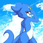 ambiguous_gender blue_body blue_skin looking_down markings red_eyes sky solo star starry_sky yellow_markings young shoru bandai_namco digimon digimon_(species) scalie veemon 1:1 absurd_res hi_res