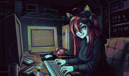 1990s_theme anthro beverage biped black_clothing black_hoodie black_topwear blinking breasts cassette_tape chair clothed clothed_anthro clothed_female clothing coding coffee coffee_mug compact_disc computer computer_mouse crt_monitor ear_twitch electronics female fingers fur furniture hacker hair headphones hoodie humanoid_hands inner_ear_fluff inside long_hair medium_breasts oscilloscope phone red_hair rotary_phone sitting smile smirk solo steam text topwear tuft typing white_body white_fur wire yellow_eyes sogemaji ruby_black_(spyglass8) domestic_cat felid feline felis mammal 2026 animated artist_name colored digital_media_(artwork) loop pixel_(artwork) shaded