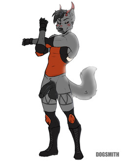 anthro athletic athletic_male balls bedroom_eyes black_sclera boots clothed clothing elbow_pads fingerless_gloves footwear fur genitals glans gloves grey_body grey_fur handwear horn knee_pads looking_at_viewer male markings narrowed_eyes orange_eyes pantsless partially_clothed penis red_horn seductive shirt shoes simple_background sleeveless_shirt smile solo stretching tail topwear white_background inu-sama jake_aries canid canine hybrid mammal 2020 hi_res