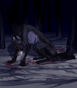 ambiguous_gender black_body black_fur black_nose blood blood_on_face blood_on_ground blood_on_leg blue_eyes bodily_fluids breath fangs feral fur grey_body grey_fur heterochromia open_mouth orange_eyes outside pink_tongue plant side_view solo teeth tongue tree msdeadsoul canid canine mammal 2017 absurd_res dated hi_res