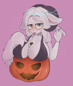 anthro bedroom_eyes bikini bikini_top blep blush breasts clothed clothing curved_horn female flesh_fang fluffy fluffy_tail food fruit fur fur_markings glowing halo horn jack-o'-lantern looking_at_viewer markings multicolored_eyes narrowed_eyes neck_tuft nipple_outline nipples non-mammal_breasts non-mammal_nipples one-piece_swimsuit partially_clothed plant pumpkin raised_arm seductive simple_background sling_bikini solo swimwear tail tongue tongue_out tuft two-piece_swimsuit white_body white_fur kislix mythology ana_(anunusedaccount) dragon furred_dragon furred_scalie mythological_creature mythological_scalie scalie absurd_res half-length_portrait hi_res portrait