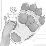 4_toes abs anthro athletic athletic_anthro athletic_male belt bottomwear claws clothed clothing denim denim_bottomwear denim_clothing feet foot_focus glistening glistening_pawpads grin hand_in_pocket jeans low-angle_view male pants pants_only pawpads paws pecs pockets raised_foot smile solo stomping_viewer toes topless olimtod olimtod_(character) canid canine fox mammal 1:1 greyscale hi_res monochrome