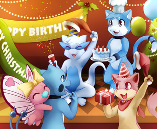 2_tails 4_fingers anthro balloon birthday birthday_cake birthday_gift birthday_party black_collar black_pawpads blue_body blue_ears blue_eyes blue_fur blue_hair blue_stripes blue_tail bow_accessory bow_only bow_ribbon bracelet cake celebration chef_hat christmas_clothing christmas_decorations christmas_headwear christmas_lights christmas_ornament christmas_present christmas_tree clothing collar collar_only dessert digitigrade eyelashes eyes_closed fangs featureless_crotch female fingers floor food fruit fur gift group hair happy hat headgear headwear heart_symbol holding_object holidays inflatable insect_wings inside jewelry larger_male lights looking_at_another male multi_tail multicolored_body multicolored_fur multicolored_stripes multicolored_wings nude nude_anthro nude_female nude_male open_mouth ornament party_hat pattern_clothing pattern_hat pattern_headgear pattern_headwear pawpads pink_body pink_wings plant red_body red_clothing red_ears red_eyes red_fur red_hair red_hat red_headwear red_inner_ear red_scarf red_stripes red_tail red_tongue santa_hat scarf semi-anthro sitting size_difference smaller_female snout standing strawberry striped_clothing striped_hat striped_headgear striped_headwear stripes surprised tail tan_body tan_fur teeth text tile tile_floor tongue tree two_tone_body two_tone_fur two_tone_stripes white_body white_clothing white_fur white_hair white_hat white_headwear white_inner_ear white_tail white_wings wings yellow_bow yellow_stripes darkmirage christmas nintendo pokemon artemis_(fellarts) buttershe dragonchu_(character) fan_character jem_(hornedproxy) quetzalli_(darkmirage) arthropod assimilative_feline butterfly butterfree dragonair felid feline generation_1_pokemon generation_2_pokemon hybrid insect legendary_pokemon lepidopteran lugia mammal mew_(pokemon) pikachu pokemon_(species) quilava 2014 digital_media_(artwork) english_text