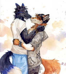 anthro black_body black_fur clothed clothing duo fluffy fur heart_symbol male male/male orange_body orange_fur romantic romantic_couple akatan_art akatan_(character) shadz_(akatan_art) canid canine fox mammal 2026 hi_res traditional_media_(artwork)
