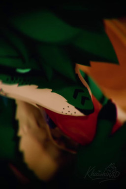 anthro duo fellatio fur genitals green_body green_eyes green_fur green_hair hair male male/male oral penile penis sex khaishin khaishin_(character) canid canine fox mammal rexouium 3d_(artwork) 3d_animation animated digital_media_(artwork) hi_res long_playtime sound webm