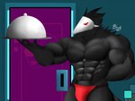 abs anthro clothed clothing male muscular muscular_male red_eyes serving serving_tray solo underwear underwear_only waiter blecksart deltarune undertale_(series) animal_humanoid avian avian_humanoid humanoid swatchling