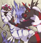 anthro black_body claws crater duo feral fight fur growling hair male pinned pinned_to_wall smile smirk striped_body striped_fur stripes white_hair yellow_eyes dahecksajerry bandai_namco digimon canid canine canis digimon_(species) garurumon growlmon mammal scalie wolf