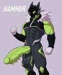 abs anthro balls big_balls big_penis black_body bottomless bottomless_male clothed clothing genitals green_body green_eyes green_penis huge_penis male muscular muscular_anthro muscular_male penis solo vein veiny_penis visor e-zoid hammer_(e-zoid) humanoid hi_res