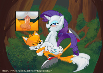 anthro anthro_on_feral anthro_penetrating anthro_penetrating_feral anus balls bestiality biped blue_eyes blush bodily_fluids clothing cowgirl_position cutie_mark detailed_background duo erection eyes_closed eyeshadow female female_on_top female_penetrated feral feral_penetrated footwear forest from_front_position fur genitals hair half-closed_eyes horn interspecies lying makeup male male/female male_on_bottom male_penetrating male_penetrating_female mostly_nude narrowed_eyes nature nude on_back on_bottom on_top orange_body orange_fur outside penetration penile penile_penetration penis penis_in_vagina plant purple_hair quadruped sex shoes straddling sweat sweatdrop tail teeth text tree vaginal vaginal_penetration vulva white_body white_fur fulgenscat95 friendship_is_magic hasbro my_little_pony mythology sega sonic_the_hedgehog_(series) miles_prower rarity_(mlp) canid canine equid equine fox mammal mythological_creature mythological_equine unicorn 2011 crossover url