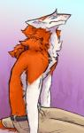 bottomwear clothing fur orange_body orange_fur pants simple_background solo tail tuft white_body white_fur annoy nakk mammal sergal 2019 absurd_res digital_media_(artwork) hi_res