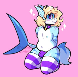 anthro bell bell_collar belly blonde_hair blue_body blue_nipples blush bulge claws clothing collar countershade_torso countershading eyewear femboy finger_claws footwear freckled_face freckles gesture glasses hair heart_gesture legwear male navel nipples pattern_clothing pattern_footwear pattern_legwear pattern_socks purple_clothing purple_collar purple_eyes purple_underwear shark_tail slightly_chubby snout socks solo striped_body striped_clothing striped_footwear striped_socks stripes tail toe_claws tongue tongue_out underwear shyshyoctavia nayfin aquatic fish humanoid shark hi_res
