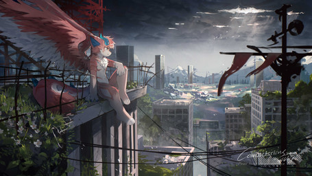 amazing_background anthro city detailed_background feathered_wings feathers fur horn kemono male nude outside plant sitting solo tree wings mag_inu mythology amiri_(nonbiamiri) dragon furred_dragon furred_scalie mythological_creature mythological_scalie scalie 16:9 4k absurd_res detailed hi_res widescreen