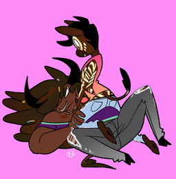 accessory ambiguous_gender anthro black_hair brown_body brown_fur brown_hair clothed clothing duo eye_contact facial_piercing fur hair hair_accessory hooves horn looking_at_another lying male male/ambiguous markings nose_piercing nose_ring on_back piercing pink_background ring_piercing simple_background sitting_on_belly tail tail_tuft tuft softsalami bison bovid bovine giraffid mammal okapi