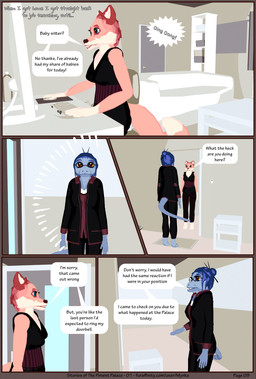 anthro clothed clothing computer dialogue duo electronics female female/female furniture hallway home inside living_room screen speech_bubble text uniform work_clothes mynka lennox_(mynka) raelynn_(mynka) amphibian canid canine fox mammal salamander 3d_(artwork) comic digital_media_(artwork) english_text hi_res trans_(lore) trans_woman_(lore)