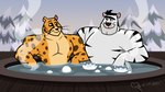 anthro black_eyebrows black_hair black_stripes clothed clothing duo eyebrows fur hair hot_tub male male/male muscular muscular_anthro muscular_male plant smile striped_body striped_fur stripes topless topless_anthro topless_male tree unibrow water whiskers white_body white_fur gepredators cartoon_network my_gym_partner's_a_monkey alistair_white_tiger mr._cheetah_(mgpam) cheetah felid feline mammal pantherine tiger 16:9 2021 dated hi_res signature widescreen