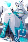 anthro big_breasts blue_eyes blue_pawpads breasts claws clothed clothing ear_piercing ear_ring feet female fur hair pawpads paws piercing ring_piercing simple_background soles solo tail toes white_body white_fur white_hair rz54 canid canine fox mammal absurd_res hi_res