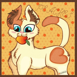 ambiguous_gender blue_eyes blush border brown_body brown_border brown_fur brown_inner_ear_fluff feral food fruit fur holding_peach inner_ear_fluff mouth_hold pattern_background peach_(fruit) pink_blush pink_nose plant simple_background solo standing text tuft whisker_spots white_body white_fur krazykari neko_atsume peaches_(neko_atsume) domestic_cat felid feline felis mammal 1:1 2017 character_name digital_drawing_(artwork) digital_media_(artwork) hi_res