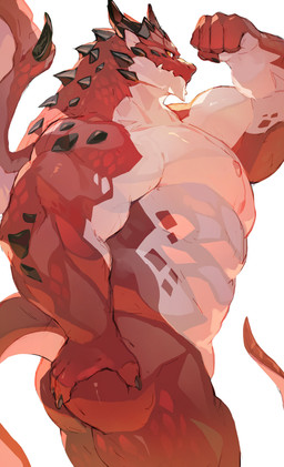 2_horns 5_fingers anthro biceps big_muscles black_claws butt claws countershade_arms countershade_tail countershade_torso countershading finger_claws fingers flexing flexing_bicep hand_on_butt hand_on_own_butt head_horn head_ridge horn looking_at_viewer male membrane_(anatomy) membranous_wings mouth_closed muscular muscular_anthro muscular_male nipples non-mammal_nipples red_body red_scales scales simple_background solo spikes spikes_(anatomy) tail underbite white_sclera wing_spikes wings yellow_eyes yed mythology dragon mythological_creature mythological_scalie scalie absurd_res hi_res portrait three-quarter_portrait