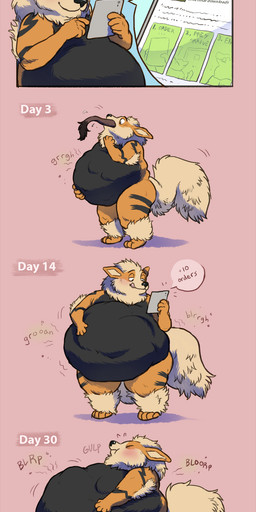after_vore anthro belly big_belly burping digestion digestion_noises group huge_belly male overweight purple_background simple_background sitting swallowing text vore weight_gain 934 nintendo pokemon arcanine generation_1_pokemon pokemon_(species) absurd_res english_text hi_res