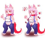 anthro blush blush_lines boots clothing collar eyebrows eyelashes female fishnet_clothing fist fluffy fluffy_tail footwear fur gesture hair hand_gesture heart_eyes heart_symbol inner_ear_fluff legwear open_mouth parasite pink_eyes pink_hair red_eyes shoes solo speech_bubble tail thick_eyebrows thigh_highs thumbs_up tongue tongue_out tuft white_body white_fur sirufi annelid canid canine leech mammal worm hi_res