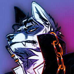 anthro black_clothing black_hair black_nose black_topwear blue_eyes chain clothed clothing fangs front_view fur hair looking_at_viewer male male_anthro messy_hair simple_background solo teeth topwear white_body white_fur 0ct0m0n0 canid canine mammal 1:1 bust_portrait portrait signature sketch
