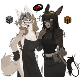 5_fingers anthro biped black_clothing black_gloves black_handwear blush bottomwear breasts clothed clothed_anthro clothed_female clothing countershade_torso countershading duo eye_contact female fingers front_view fully_clothed fully_clothed_anthro fully_clothed_female fur gloves grey_clothing grey_gloves grey_handwear hair handwear looking_at_another navel open_mouth open_smile pants simple_background smile standing tail teeth tongue topwear white_background raccoattack microsoft minecraft mojang xbox_game_studios asinus canid canine donkey equid equine mammal 2025 digital_drawing_(artwork) digital_media_(artwork) hi_res