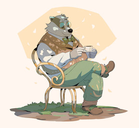 anthro black_nose bottomwear bow_tie chair clothing container cup eyewear furniture glasses male overweight overweight_male pants shirt solo topwear white_body trisketched badger mammal mustelid musteline 2024 hi_res