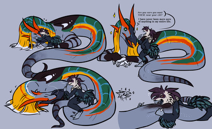 ambiguous_gender anthro anthro_on_feral arm_feathers beak bestiality biped bite biting_clitoris black_body black_tongue claws curled_up dialogue digitigrade duo explicitly_stated_consent feathered_crest feathered_tail feathers female female/ambiguous feral feral_with_hair fingerless_(marking) genitals gloves_(marking) green_eyes grey_body grey_teeth hair head_crest heart_symbol horn hug larger_sub looking_at_another looking_at_partner markings nude_ambiguous nude_anthro open_mouth oral red_sclera sex sharp_teeth simple_background size_difference smile sparkles sparkling_eyes speech_bubble standing_on_another striped_markings stripes submissive tail tail_hug teeth text tongue vulva conditional_dnp moonlit-comet mythology avian dragon lindwurm mythological_creature mythological_scalie scalie 2024 absurd_res english_text hi_res herm_(lore)