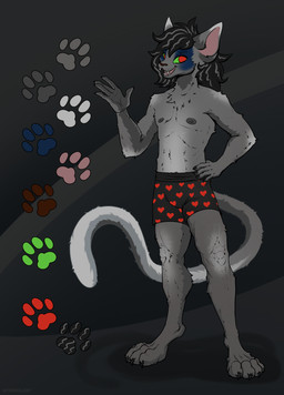 anthro black_hair claws fur green_sclera grey_body grey_fur hair heart_pattern_panties long_tail male nipples paws pose pupils red_pupils solo tail stirren domestic_cat felid feline felis mammal absurd_res hi_res model_sheet pinup