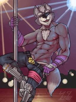 abs anthro bottomwear clothed clothing dancing eye_patch eyewear fur gloves handwear looking_at_viewer male muscular muscular_anthro muscular_male nipples pants pole pole_dancing red_eyes smile solo stripper_pole underwear yel18w nintendo star_fox wolf_o'donnell canid canine canis mammal wolf 2018 3:4 digital_media_(artwork) hi_res