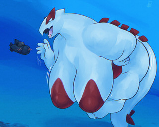 5_fingers anthro big_breasts blush breasts fat_arms female fingers gesture huge_breasts long_tail macro motion_lines nipples nude open_mouth overweight overweight_anthro overweight_female red_body sagging_breasts sharp_teeth solo_focus submarine tail teeth underwater vehicle water watercraft waving white_body heavenkahell nintendo pokemon generation_2_pokemon legendary_pokemon lugia pokemon_(species) shiny_pokemon hi_res signature