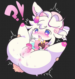 accessory anthro anus blue_body blue_fur blush blush_lines bodily_fluids body_blush breasts chibi clitoral clitoris clitoris_lick clothing collar collar_only cunnilingus disembodied_tongue distorted_contour dot_nose dwarfism female female_anthro fur genital_fluids genitals hair hair_accessory hairclip hat headgear headwear horn interrobang kemono leg_markings looking_down markings multicolored_body multicolored_fur navel nipples nude nude_anthro nude_female open_mouth oral pawpads pink_anus pink_body pink_clitoris pink_clothing pink_fur pink_hairclip pink_hat pink_headwear pink_inner_ear pink_nipples pink_pawpads pink_ribbon pink_tongue pink_vulva sex short_tail shortstack simple_background small_breasts socks_(marking) solo solo_focus spread_legs spread_vulva spreading sweat tail tan_tail tongue tongue_out tremble_lines tremble_spikes urethra vaginal vaginal_fluid_string vaginal_fluids vaginal_fluids_on_vulva vulva vulva_blush white_body white_collar white_ears white_fur white_hair white_ribbon ukierr lagomorph leporid mammal rabbit digital_media_(artwork) hi_res pastel_theme unavailable_at_source