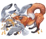 action_scene ambiguous_gender beak claws curled_tail cutlery dewclaw feral fight flying food food_in_mouth fork fries fur gloves_(marking) group kitchen_utensils leg_markings markings newspaper object_in_mouth open_beak open_mouth orange_eyes pawpads paws pointy_ears prick_ears red_body red_fur simple_background socks_(marking) tail teeth toe_claws tools whisker_spots white_background white_body wings yellow_beak yellow_sclera sushiartstudio avian bird canid canine fox gull lari larid mammal red_fox true_fox signature traditional_media_(artwork)