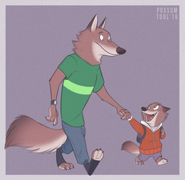 anthro backpack barefoot blue_eyes bottomwear brown_body brown_fur clock clothing duo eye_contact feet fur green_eyes hand_holding happy looking_at_another male open_mouth pants shirt shorts simple_background smile sweater teeth topwear watch young young_anthro possumtool disney zootopia canid canine canis mammal wolf 2016 father_(lore) father_and_child_(lore) father_and_son_(lore) parent_(lore) parent_and_child_(lore) parent_and_son_(lore) son_(lore)