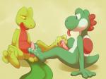 2014 3_toes 4_fingers anthro balls barefoot blue_eyes chubby crossover cum cum_on_feet cum_on_penis cum_string erection foot_fetish footjob gay green_background half-closed_eyes happy hi_res hindpaw larvitar_(artist) looking_down male mario_bros messy mutual_footjob mutual_masturbation nintendo nude on_floor open_mouth orgasm paws penis plain_background pokémon shadow shiny sitting smile spread_legs spreading tapering_penis toes tongue tongue_out treecko video_games yellow_eyes yoshi
Rating: Explicit
Score: 22
User: toh
Date: February 26, 2014