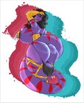 anthro big_breasts breasts choker clothing genitals gynomorph herm hyper hyper_genitalia intersex jewelry latex latex_clothing necklace non-mammal_breasts purple_body red_stripes solo stripes rohan_scribe janet_grimsnake reptile scalie snake hi_res