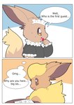 border clothing comic duo eevee eeveelution english_text female flareon fluffy generation_1_pokemon heart_eyes heart_symbol hi_res maid_uniform male nintendo okazu pokemon pokemon_(species) simple_background solo text uniform white_border worried