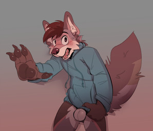 anthro balls blush bottomless bottomless_anthro bottomless_male brown_body brown_fur brown_hair bulge clothed clothing detailed_bulge embarrassed fur genital_outline genitals gradient_background hair hoodie hoodie_only male male_anthro open_mouth pawpads penis_outline simple_background solo standing surprised tail tan_body tan_fur teeth tongue topwear topwear_only mintyderg canid canine canis coyote mammal 2023 hi_res