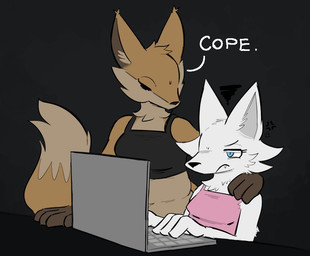 angry anthro black_background blue_eyes breasts brown_body brown_fur computer duo electronics eyes_closed female fur hand_on_shoulder laptop multicolored_body multicolored_fur orange_body orange_fur simple_background tan_body tan_fur text white_body white_fur zzx trisha_fox_(zzx) arctic_fox canid canine fox mammal true_fox 2021 comment_chain english_text