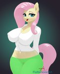 anthro anthrofied big_breasts breasts butt clothed clothing female hair pink_hair smile solo tail wings yellow_body fluttersonicart friendship_is_magic hasbro my_little_pony mythology fluttershy_(mlp) equid equine horse mammal mythological_creature mythological_equine pegasus pony hi_res